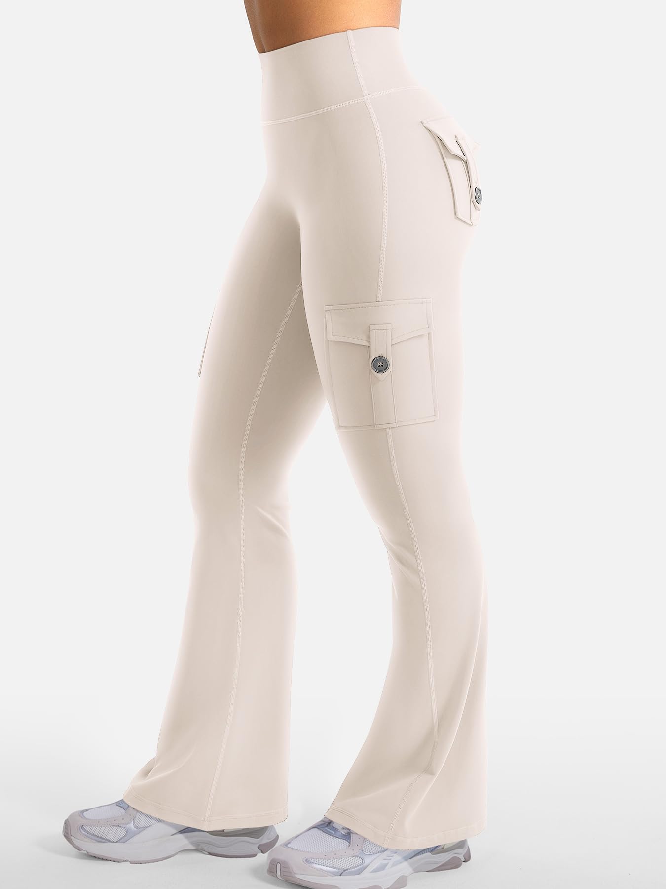 YEOREO CoreFlex Women Workout Flare Leggings with Pockets Hidden Scrunch High Waisted Cargo Gym Yoga No Front Seam Leggings Light Khaki L
