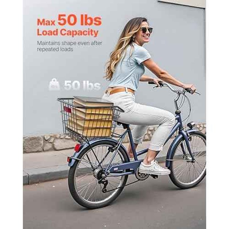 VEVOR Rear Bike Basket, Metal Wire Bicycle Basket with Reflective Tail Light & Waterproof Cover, Durable Bike Back Basket, Fits to Most Rear Bike Racks