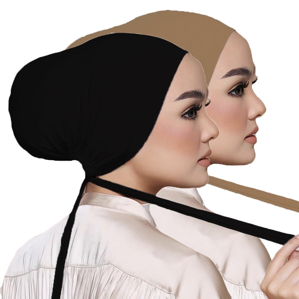 Hophor Black Hijab Undercap Islamic Muslim Under Scarf Hijab Caps with Tie-Back Closure Women Chemo Hat (Black+Nude)