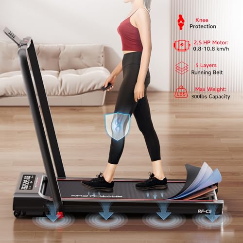 RHYTHM FUN Foldable Treadmill, 300 lb Capacity Walking Pad 2.5HP Treadmill Under Desk, Portable Treadmill for Home and Office, Folding Treadmill 2 in 1 with Remote Control, LED Display