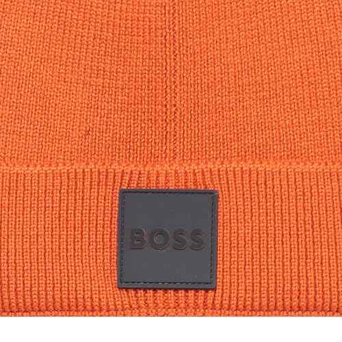 BOSS Men's Ribbed Beanie with Felt Woven Center Logo