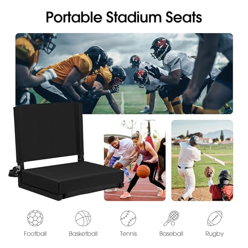 Eusuncaly Stadium Seat for Bleachers with Back Support and Wide Comfy Padded Cushion, Foldable Stadium Seats Chairs with Shoulder Strap and Storage Pockets, Bench Chair for Bleachers