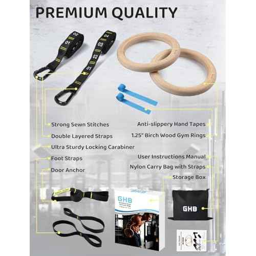 GHB Gymnastic Rings Wooden Gym Rings 1.25" Olympic Rings Adjustable Straps Pull Up Rings Sets for Workout Bodyweight Fitness Training