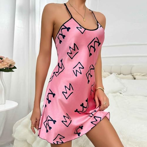 Womens Nightdress Fashion Print Sexy Backless Ice Silk Sling Pajamas Dresses Nightgowns Chemise Sleepwear Lingerie Style001 Pink Small