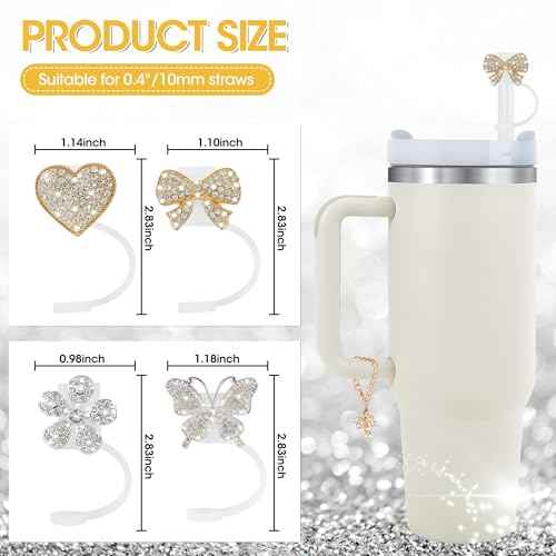 Straw Covers for Stanley Cup Accessories - 10mm 0.4" Straw Lids with Shiny Diamond Bows, Butterflies, and Flowers and Matching Chain Charms for 30 & 40oz tumblers with Handles£¨Gold & Silver)
