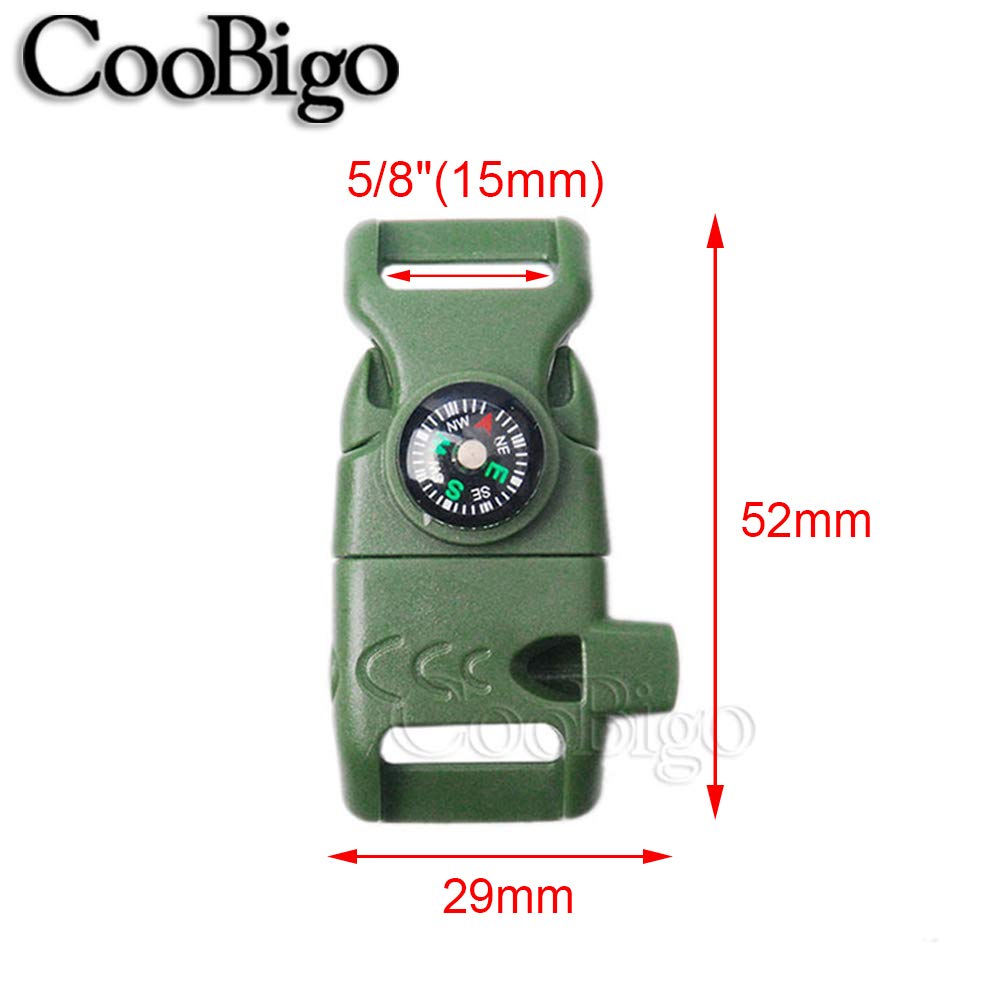 CooBigo 10Pack 5/8" Compass Whistle Buckle Plastic Paracord Bracelet Outdoor Camping Emergency Survival Travel Kits (MilitaryGreen)