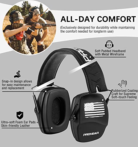 PROHEAR 016 Ear Protection Safety Earmuffs for Shooting, NRR 26dB Noise Reduction Slim Passive Hearing Protector with Low-Profile Earcups, Compact Foldable for Gun Range, Mowing (Patriot)