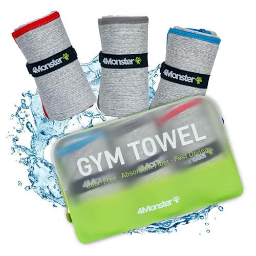 4Monster Microfiber Gym Towel & Wet Towel Bag Travel Set,Quick Dry Camping Towel Lightwight Travel Towel,Ultra Soft Absorbent Workout Towel Gear for Body Sweat, Beach, Pool, Shower (Blue&Gray&Red, 3)