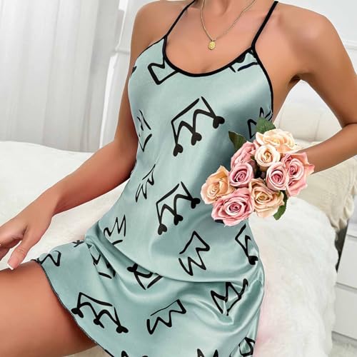 Womens Nightdress Fashion Print Sexy Backless Ice Silk Sling Pajamas Dresses Nightgowns Chemise Sleepwear Lingerie Style003 White Large