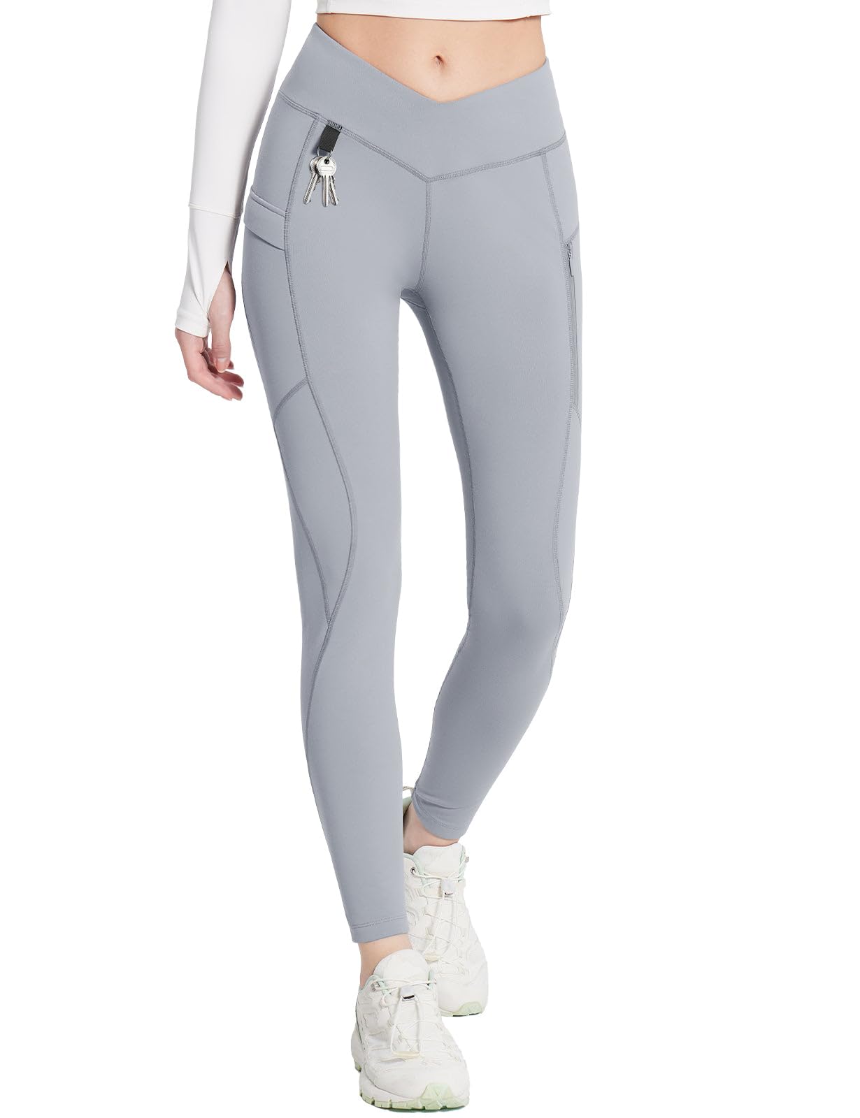 baleaf Women's Thermal Waterproof Leggings Fleece Lined Winter Hiking Pants with Pockets High Waisted Running Tights for Cold Weather Frost Gray M