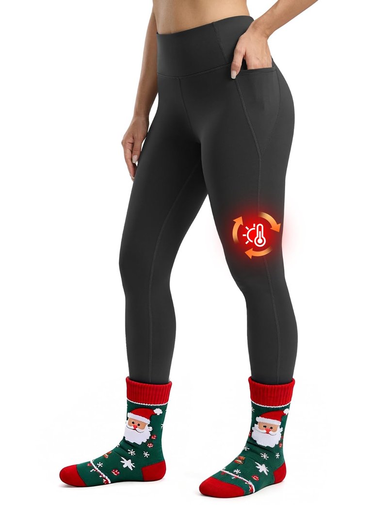 Seamaid Women's Fleece Lined Leggings with Pockets 27" Water Resistant Winter Thermal Warm Pants Running Hiking Black L