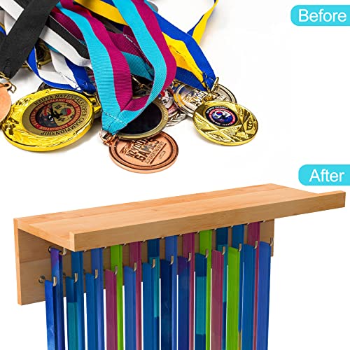 Purbambo Medal Hanger Display, Bamboo Trophy Shelf with 25 Steel Hooks, Wall Mount Ribbon Medals Holder for Gymnastics, Soccer, Running Race Awards