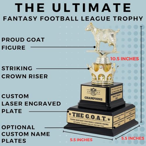 Alpha Awards Large Custom Goat Trophy for Fantasy Football League-G.O.A.T.-Greatest of All Time Funny Trophy-Traveling Perpetual Award-Personalized Laser Engraved Plate (Large Custom FFL G.O.A.T.)