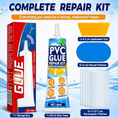 Air Mattress Repair Kit with Waterproof Vinyl Patches & PVC Glue
