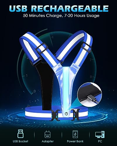 Zacro LED Reflective Vest Running Gear, 5 Lights Colors High Visibility Reflective Running Gear Rechargeable Light Up Running Vest for Walking Running Cycling, Adjustable for Men Women Kids (Blue)