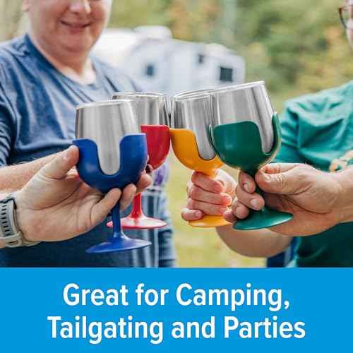 Camco Life is Better at The Campsite Stainless Steel Wine Tumbler 4-Pack - Features Heavy Duty Double Wall Vacuum Insulation & Removable Navy, Red, Green & Yellow Stems - Holds 8-oz Each (53465)