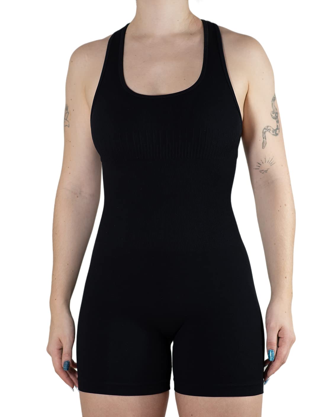 AUROLA Power Romper for Women Workout Yoga Gym Seamless One Piece Racerback Jumpsuit Tummy Control Padded Sports Bra,Black,M
