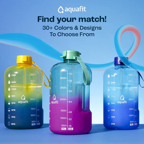 AQUAFIT 64 oz Water Bottle with Time Marker - Straw & Chug Lid - BPA Free Half Gallon Water Bottle, Big Water Bottle with Straw - Gym Water Bottle with Handle, Gallon Water Jug (Green, 64 oz)