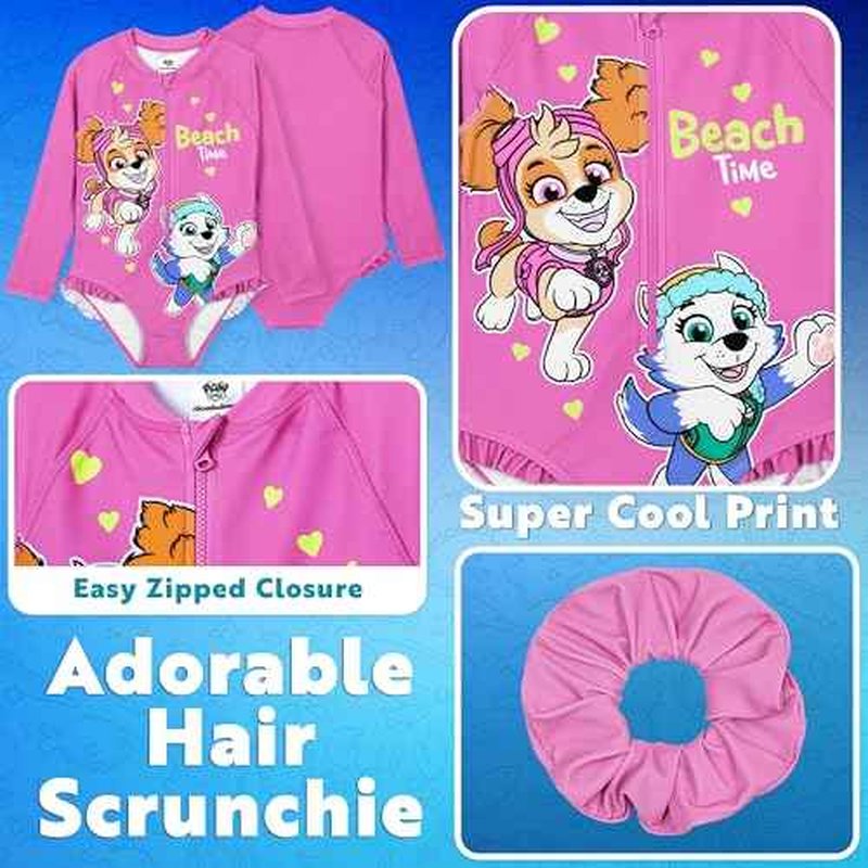 Paw Patrol Girls Swimsuit Long Sleeve Pink One Piece Bathing Suit for Girls with Scrunchie