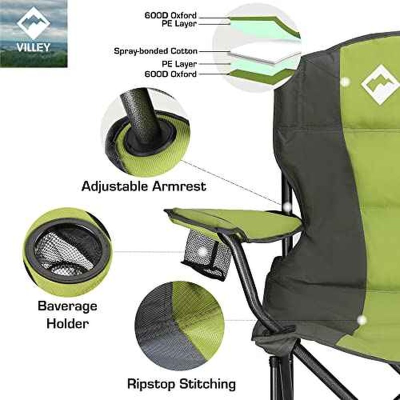 VILLEY Camping Chair, Oversized Folding Camp Chair, Portable Outdoor Chairs Support 400 LBS with Padded Seats, Cooler Bag, Cup Holder, Carry Bag, Green