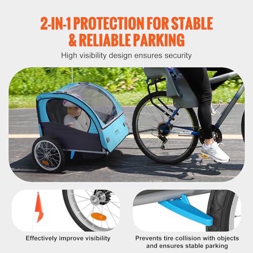 VEVOR Bike Trailer for Toddlers, Kids, Double Seat, 110 lbs Load, Tow Behind Foldable Child Bicycle Trailer with Universal Bicycle Coupler, Canopy Carrier with Strong Carbon Steel Frame, Blue and Gray