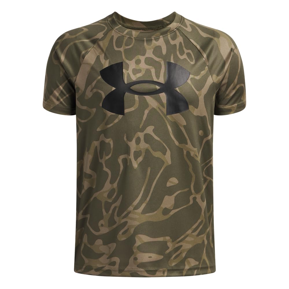Under Armour Boys' Tech Big Logo Printed Short-Sleeve T-Shirt, (392) Marine OD Green / / Bayou, Large