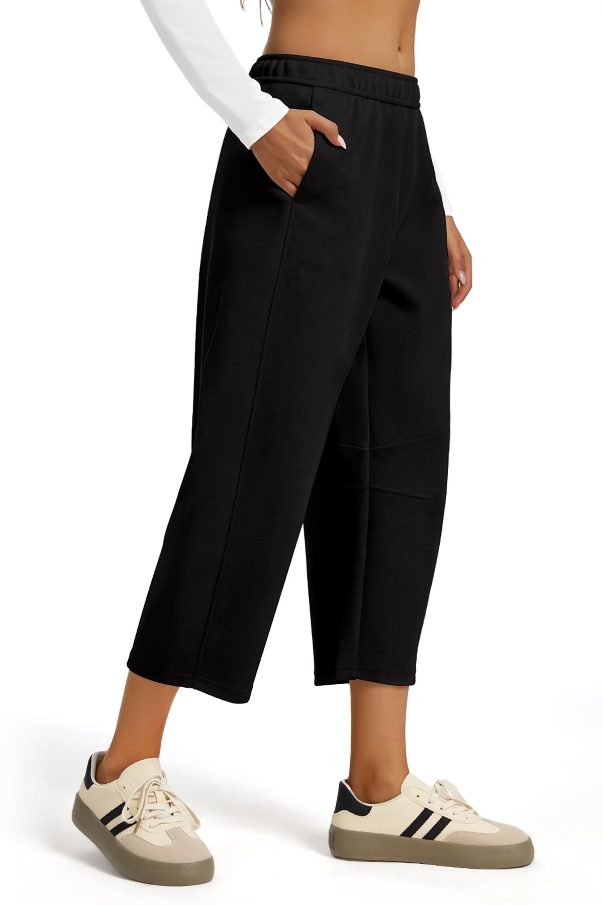 Leovqn Women's Barrel Cropped Sweatpants Drawstring Elastic Waisted Wide Leg Pants Casual Soft Baggy Capri Sweat Pants