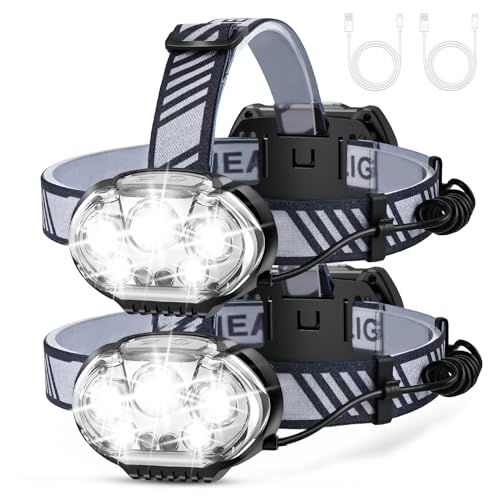 MIOISY Rechargeable Headlamp, 20000 High Lumen 5 LED Head Lamp with Red White Light,IPX4 Waterproof Headlight,8 Mode Head Flashlight for Outdoor Running Hunting Fishing Hiking Camping Gear-2Pack