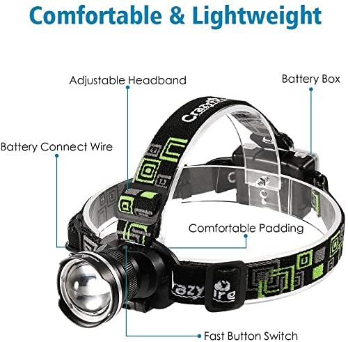 CrazyFire LED Headlamp, Super Bright Headlamp Headlight Flashlight, 3 Modes Zoomable Headlamps for Runing,Hiking,Camping,Fishing,Hunting(Black)