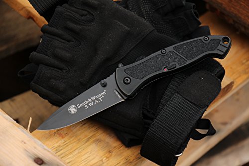 Smith & Wesson SWATMB 7.5in High Carbon Stainless Steel Assisted Opening Knife with 3.2in Drop Point Blade and Aluminum Handle for Outdoor, Tactical, Survival and EDC, Black