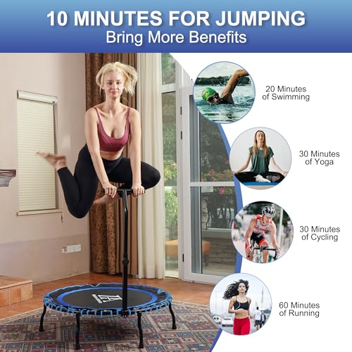 Vimexciter 40" Foldable Mini Fitness Trampoline with Adjustable Foam Handle, Exercise Rebounder for Adults Kids Indoor/Garden Exercise, Max Load 330lbs, Blue