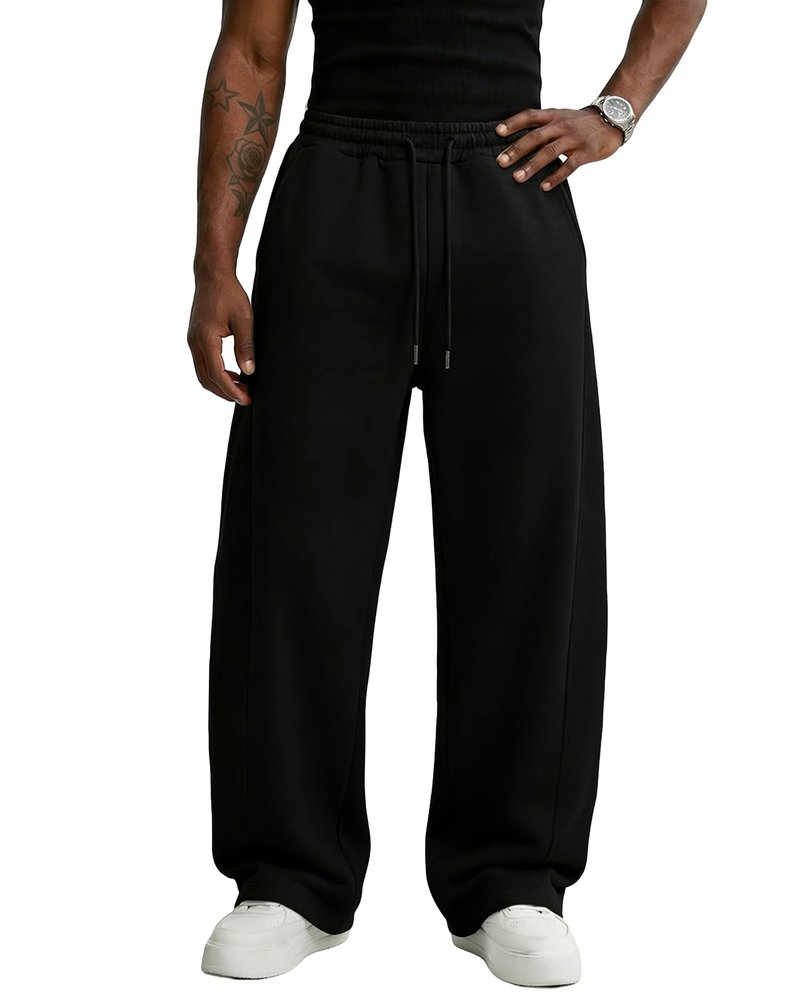 Wangdo Men's Baggy Sweatpants Wide Leg Lounge Cotton Jogging Pants Casual Elastic Waist Joggers with Pockets Black