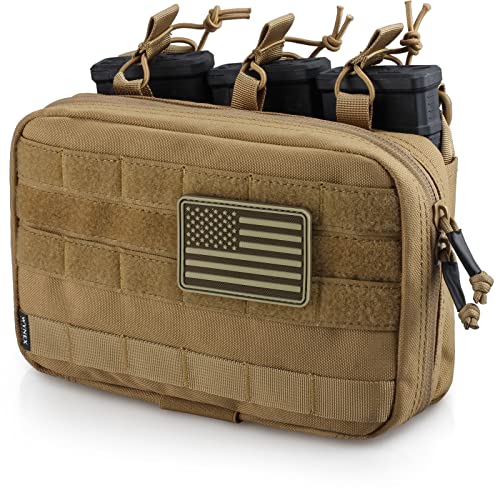 WYNEX Tactical Mag Admin Pouch, Molle Utility Tool Pouch Medical EMT Organizer with Triple Stacker Magazine Holder for M4 M16 Patch Included Khaki