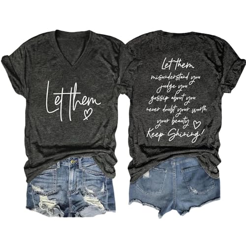 T-Shirts Front and Back Women Let Them Misunderstand You Shirts for Women Funny Saying Graphic T-Shirt Summer 2024 Motivational Short Sleeves V Neck Tops Labor Day Sale Items #A1Grey, S