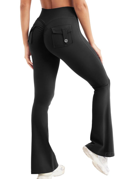 QOQ Flare Leggings with Pockets for Women Workout Scrunch Flare Leggings Tummy Control Gym Yoga Pants Wide Leg Black L