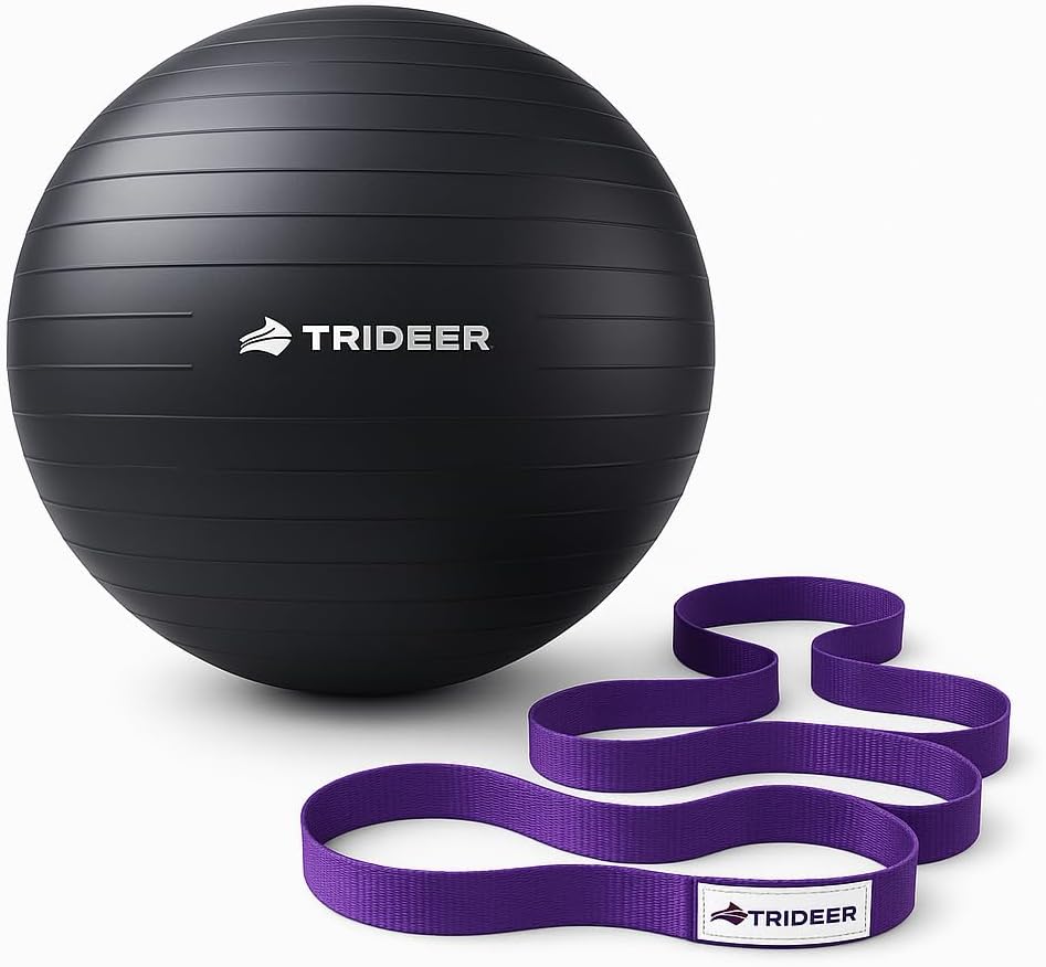 Trideer Yoga Ball - Anti-Burst Exercise & Birthing Ball with 10-Loop Stretch Strap | Ideal for Physical Therapy & Fitness