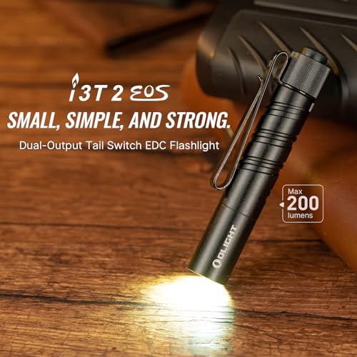 OLIGHT I3T 2 EOS Pocket EDC Flashlight, 200 Lumens Compact Bright Handheld Flashlights, Dual-Output Tail Switch Light with AAA Battery and Two-Way Pocket Clip for Camping and Hiking (Black)