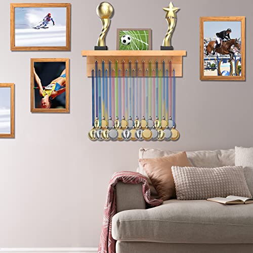 Purbambo Medal Hanger Display, Bamboo Trophy Shelf with 25 Steel Hooks, Wall Mount Ribbon Medals Holder for Gymnastics, Soccer, Running Race Awards