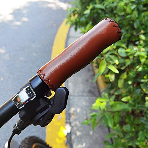 Brown Beach Cruiser Bike Bicycle Soft Synthetic Leather Handlebar Cover Grips Bar with End Cap and Needle