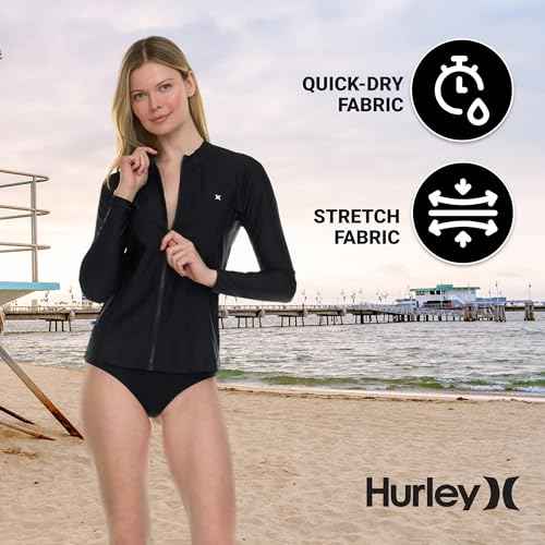 Hurley Rash Guard for Women Full Zip, Zip Up Long Sleeve Swim Shirts for Women, Surfing Top UPF 50+ SPF Sun & UV Protection