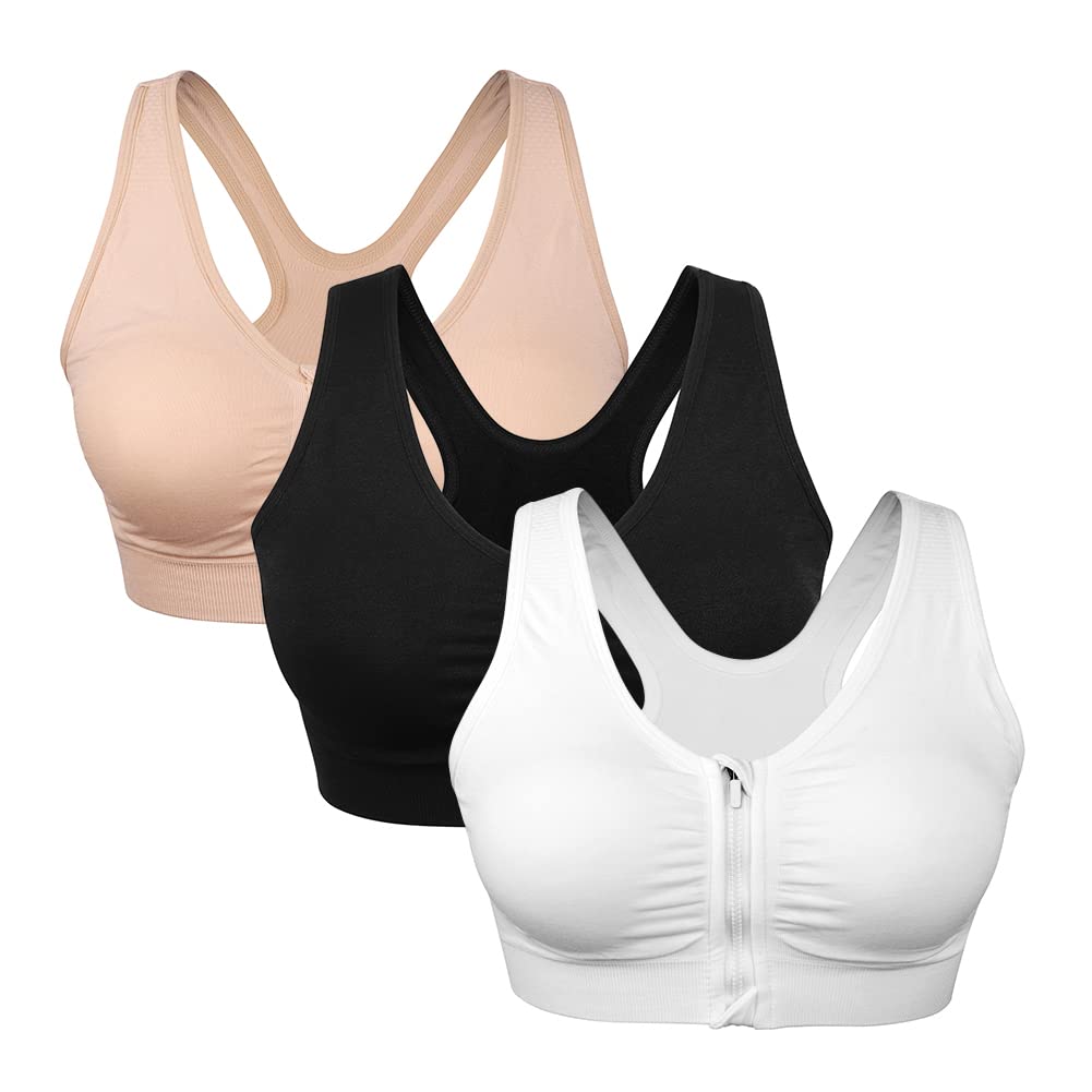 Women's Zip Front Sports Bra - Wireless, Padded, Racerback, Running, Yoga, Seamless Mastectomy Bra - Post-Surgery Zipper Closure