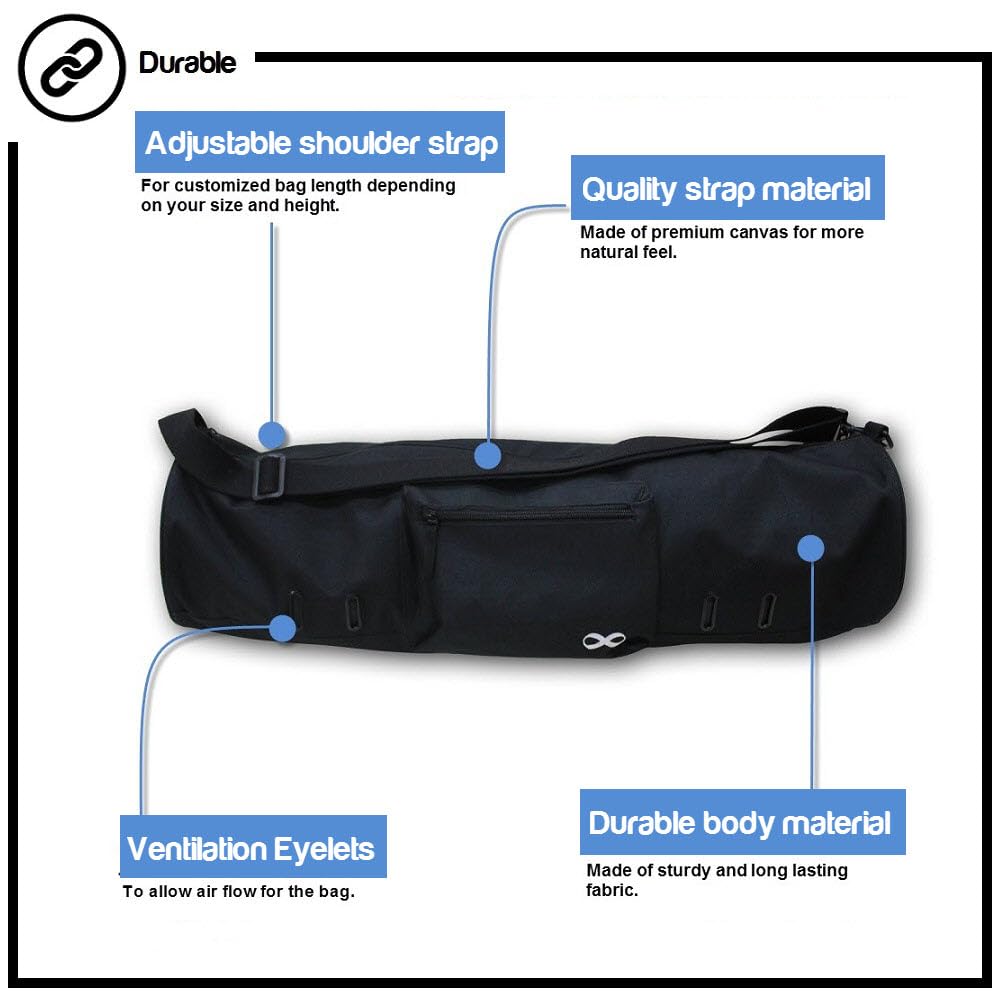 YogaAddict Yoga Mat Bag (Extra Large) 'Compact' With Pocket, Fit 15mm Yoga Mat Size, 29" Long, Easy Access - Black