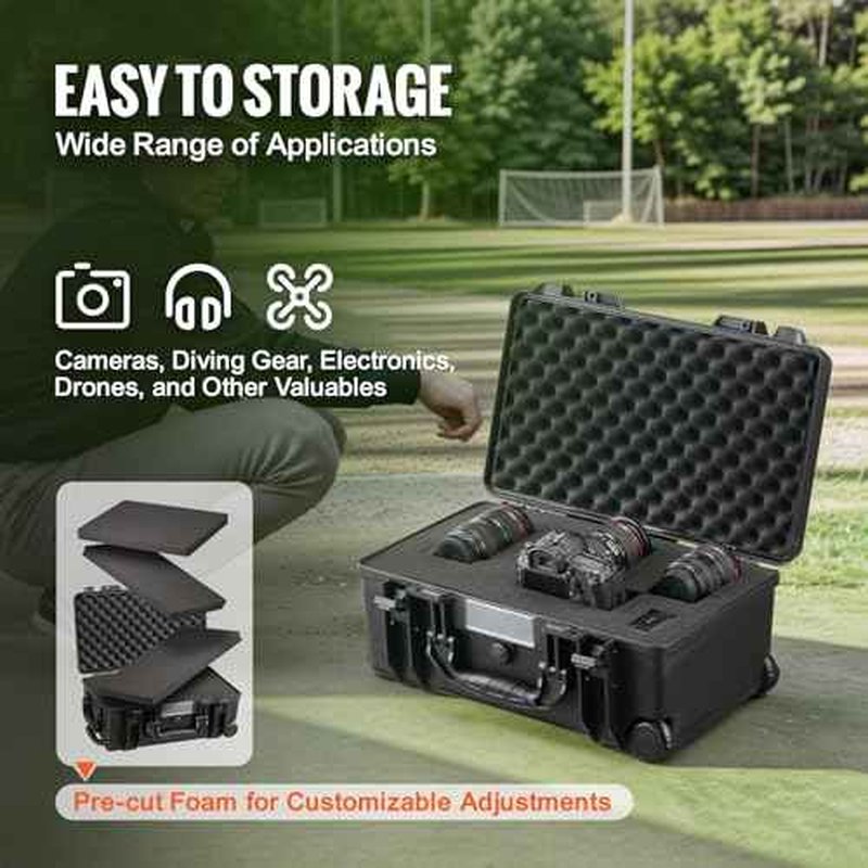 VEVOR Weatherproof Hard Case, Heavy Duty Protective Dry Box with Pre-Cut Foam, Wheels & Retractable Pull Handle for Travel, Hunt, Military, Tactical, IP67 Waterproof Case for Cameras (64x51x25)