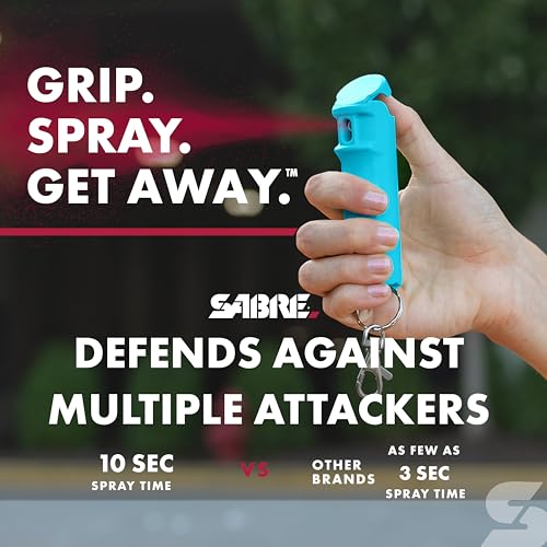 SABRE Pepper Spray with Fast Flip Top, Maximum Police Strength OC Spray, Key Ring for Easy Carry and Fast Access, Finger Grip for More Accurate and Faster Aim, 0.54 fl oz, Secure and Easy to Use