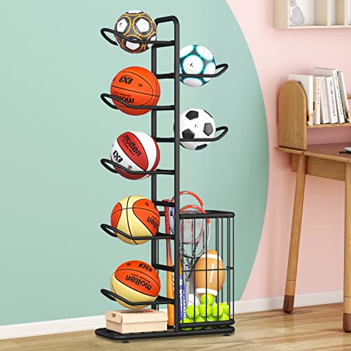 YIILII Multi-Function Sports Equipment Storage Racks - Adjustable and Durable Solutions for Organizing Balls, Toys, and Gear Indoors, in Garages, or Outdoors (5-Tier-Black-with Basket)