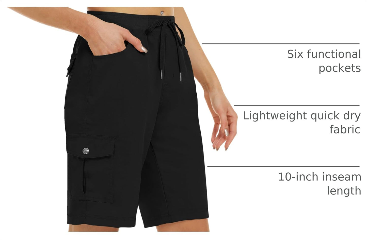 MoFiz Hiking Shorts for Women 10" Quick Dry Active Athletic Cargo Shorts Lightweight Summer Casual Running Shorts with Pockets Black XL
