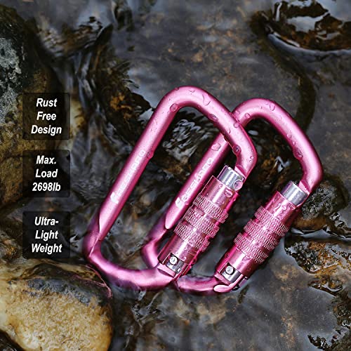 FresKaro 3inch Locking Carabiner Clips with a Twist Auto Lock, Heavy Duty Rated 2698lbs, Lightweight & Rustproof 7075 Aluminum, for Hammocks, Yoga Swings, Camping, Keychain or Backpacks. 2pcs, Pink.