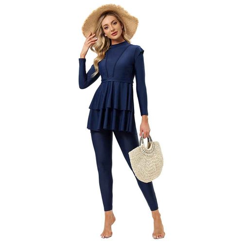 OBEEII Womens Muslim Swimsuits Full Coverage Long Sleeve Swimwear Burkini Hijab Bathing Suit Blue