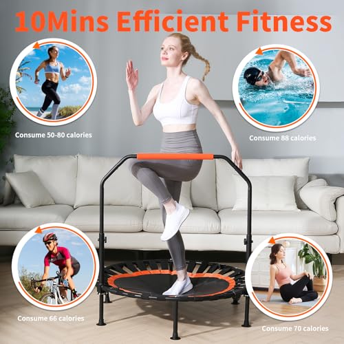 40"/48" Foldable Mini Trampoline Load 450lbs,Portable Exercise Rebounder Trampoline with Adjustable Foam Handle,Fitness Trampoline for Adults and Kids (40 inch with handrail)