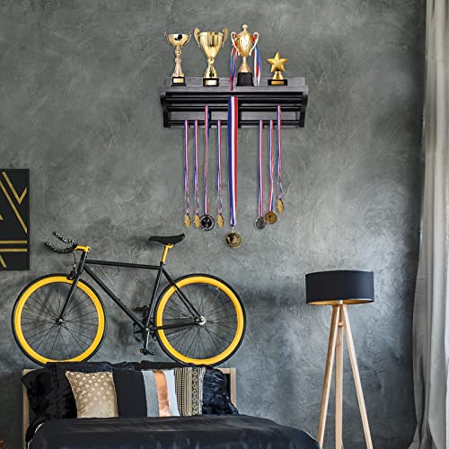 Pllieay Wooden Medal Hanger Display and Trophy Shelf, Black Medal Hanger Display with Shelf, Medal Holder, Medal Rack, Race Medal Trophy Display Shelf for Showing Your Hard-Earned Achievements